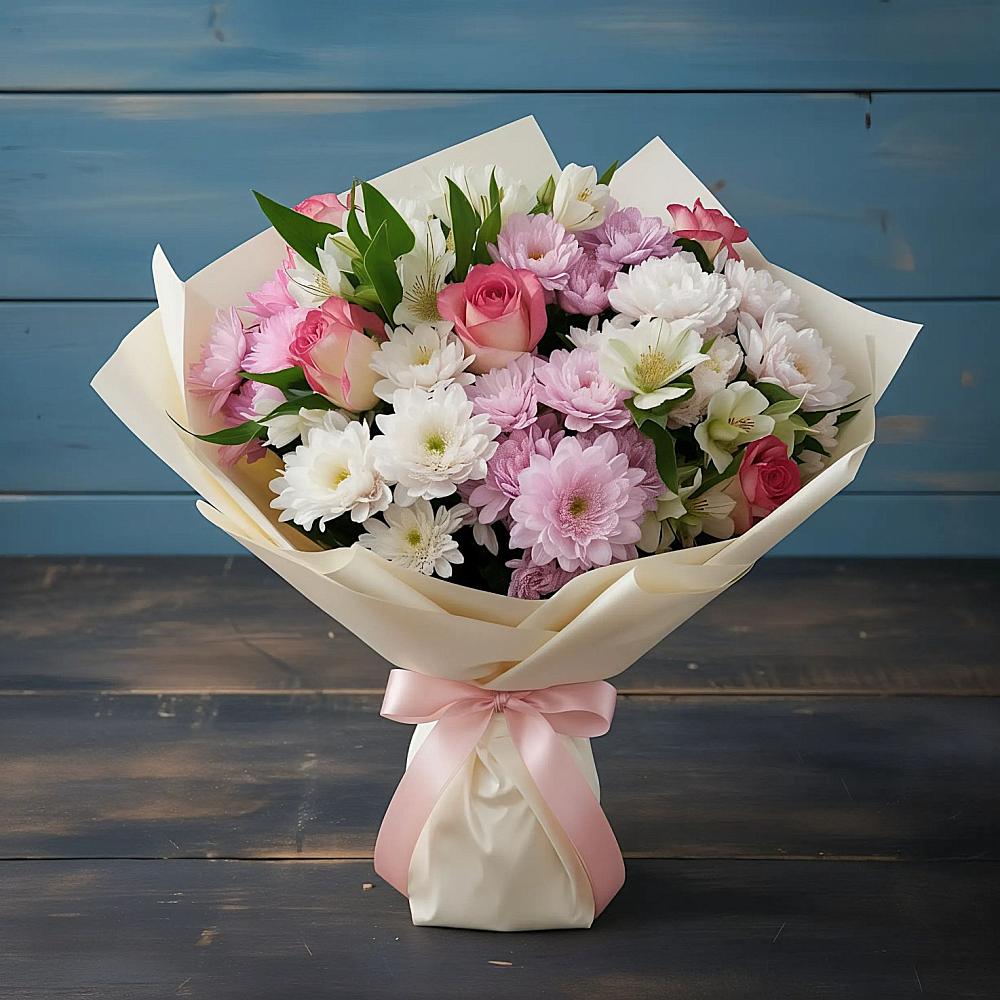 Букет цветов из: Хризантемы, Альстромерии и Розы в Перевозе